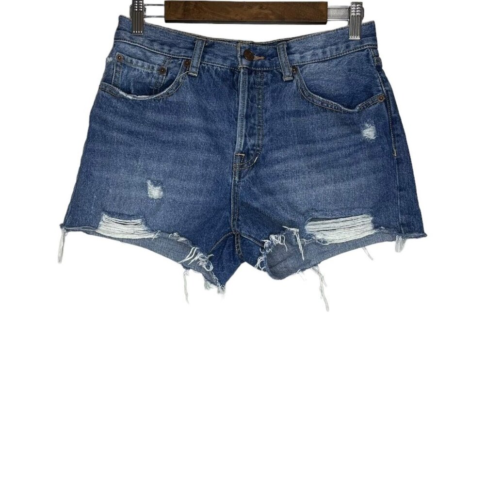 We The Free Women's Button Fly Distressed Denim Mid Rise Raw Hem Shorts Size 29
